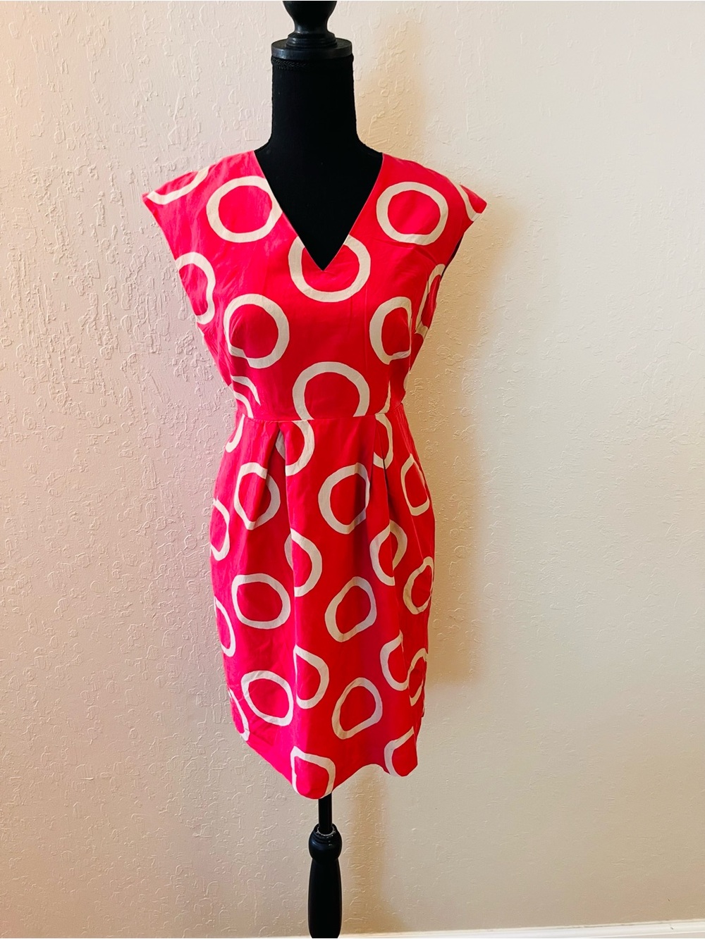 Banana Republic Silk Hot Pink Midi Dress with Tan Circle Print